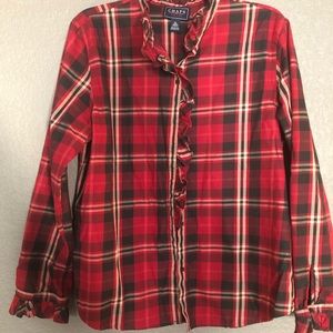Red plaid Chaps ruffled button up